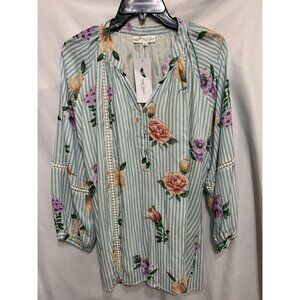 Angel Heart Boutique Plus Size Shirt 2X Blue Robin Stripe Flowers Lined New WT